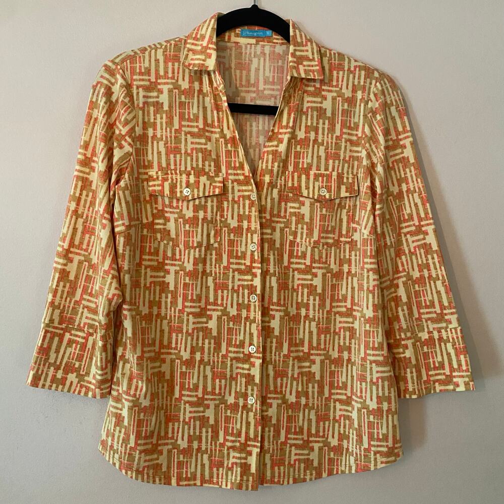 J. McLaughlin Pink Brown Button Down Shirt Catalina Cloth Stretchy size Small